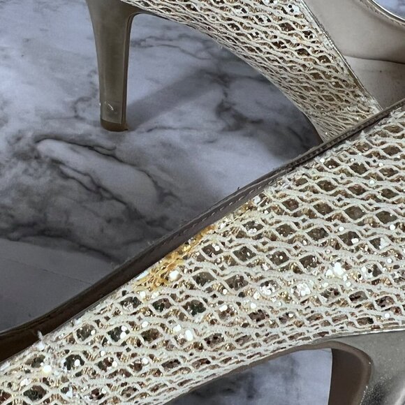 𝅺AUDREY Brook Peep Toe Heels Quillan Gold Cross Stitch size 9.5 - Picture 7 of 13